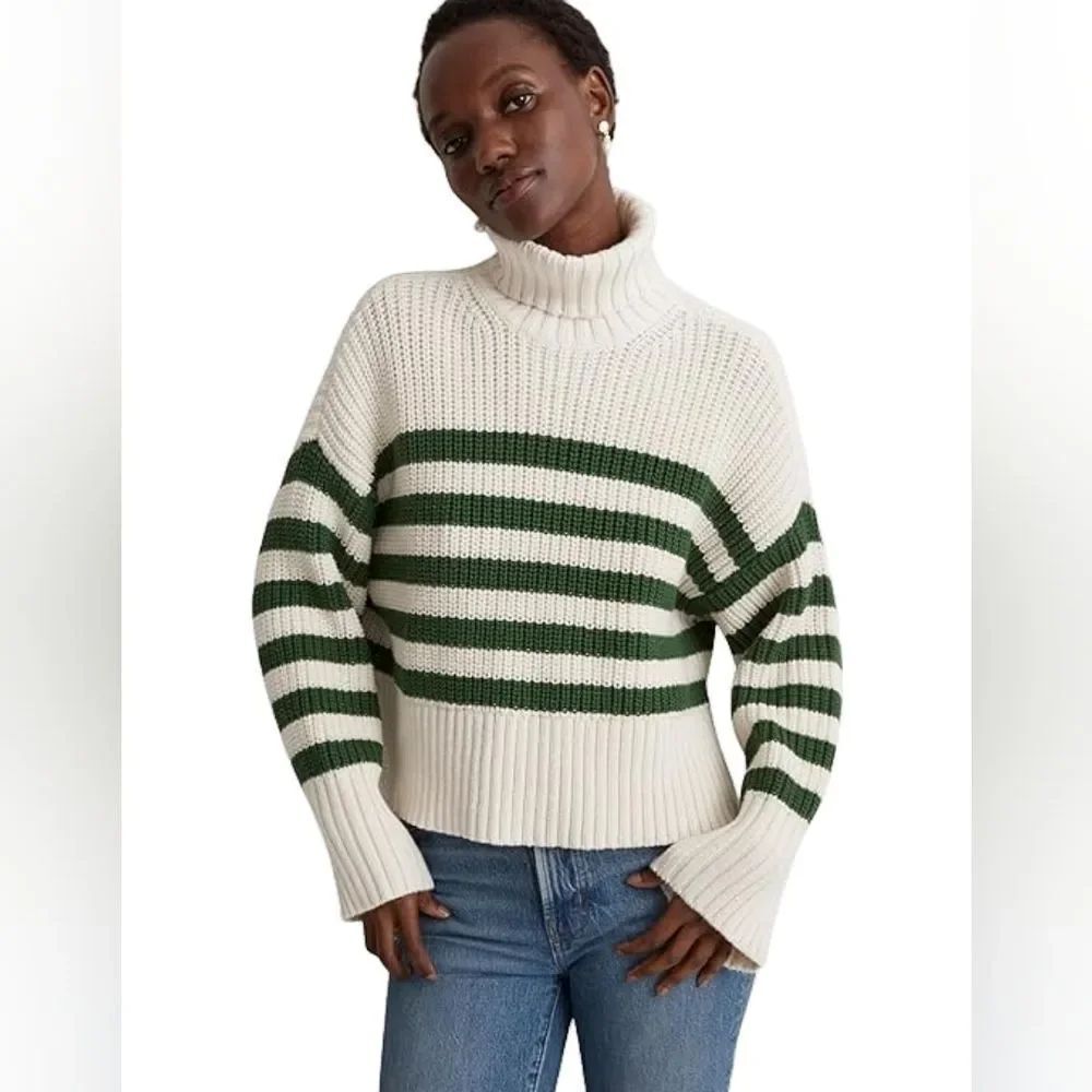 Madewell Wide Rib Turtleneck Sweater. Cream With Green Stripes Size Extra Small